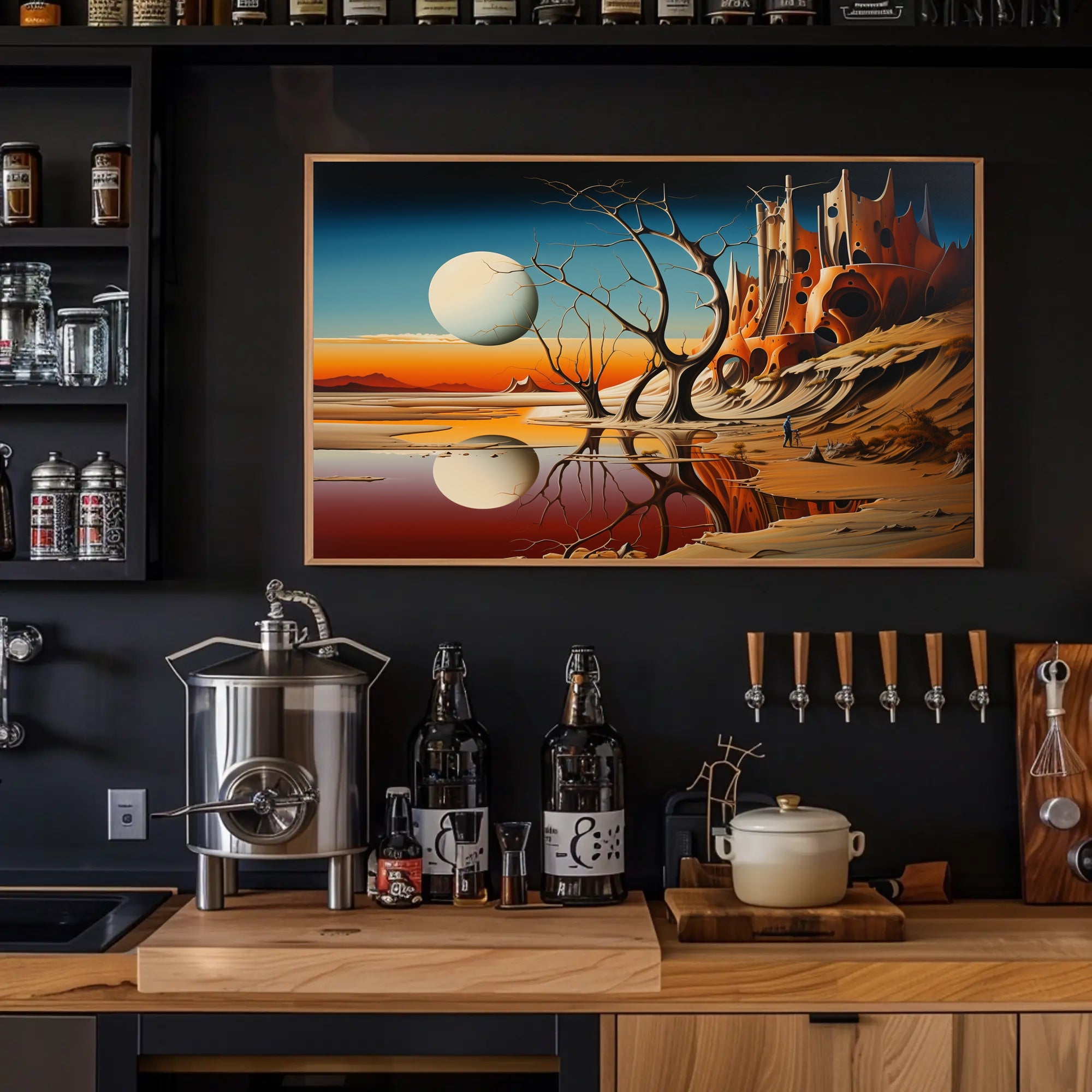 Surreal Sci-Fi Landscape with Fortress and Celestial Body Poster