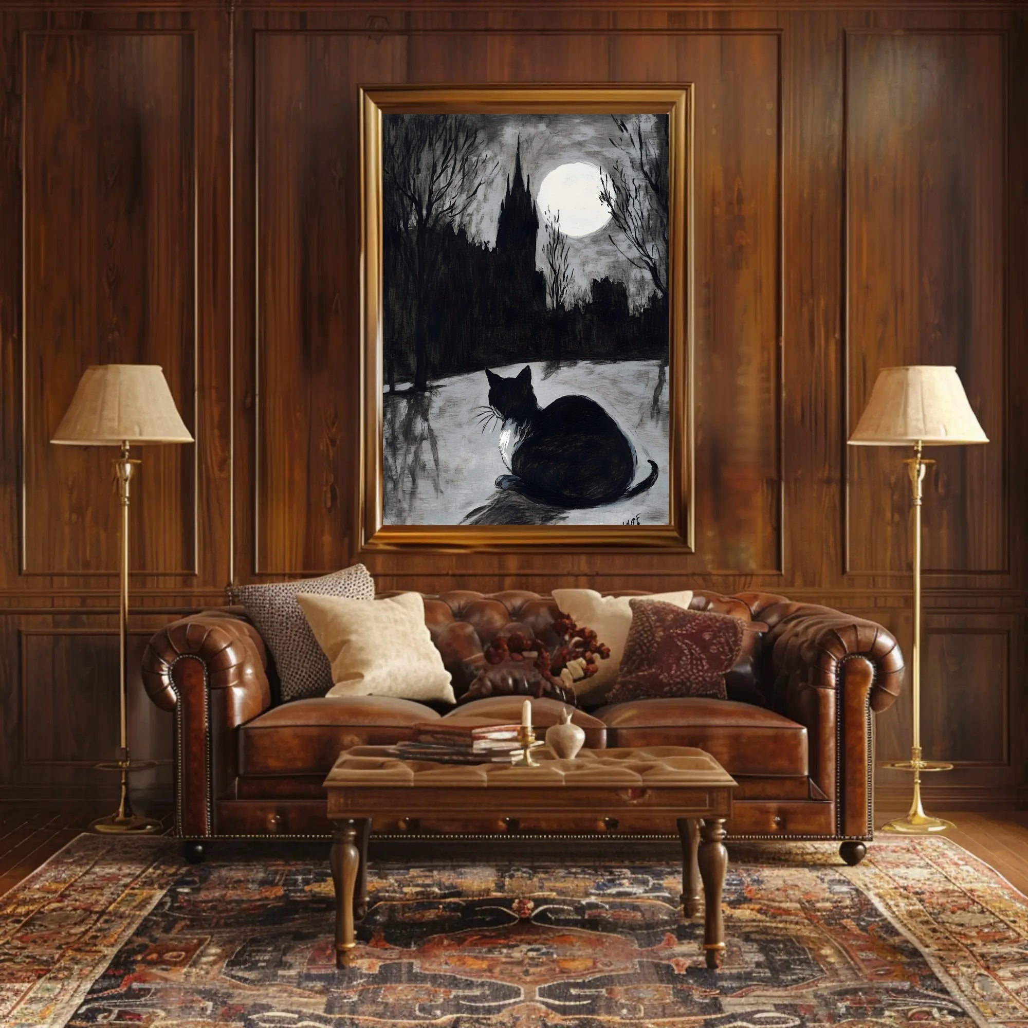 Moonlit Cat with Gothic Castle Artistic Poster PosterGoat