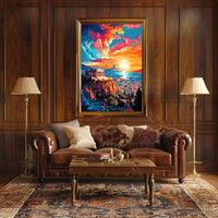 Vibrant Sunset Over City with Ancient Temple Heritage Poster
