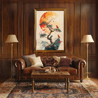 Serene Bonsai Tree with Vibrant Birds Poster PosterGoat