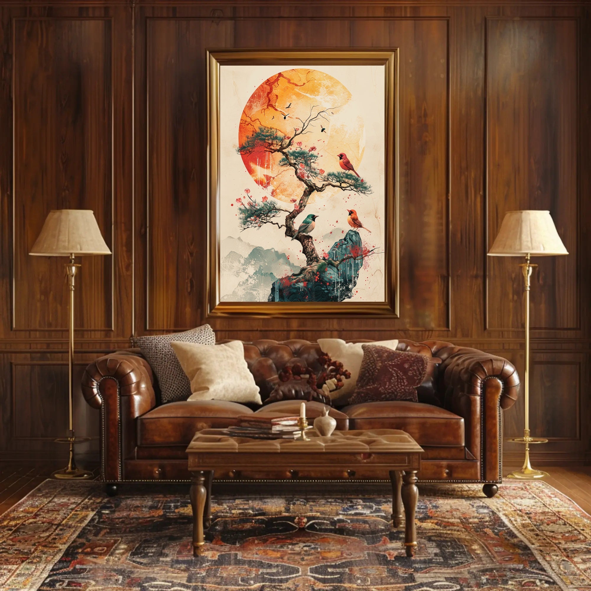 Serene Bonsai Tree with Vibrant Birds Poster PosterGoat