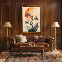 Serene Bonsai Tree with Vibrant Birds Poster PosterGoat