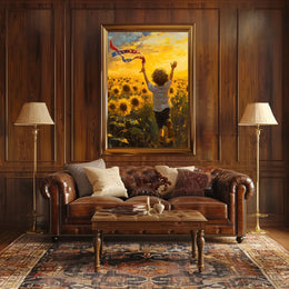 Child Running Through Sunflower Field At Golden Hour Poster