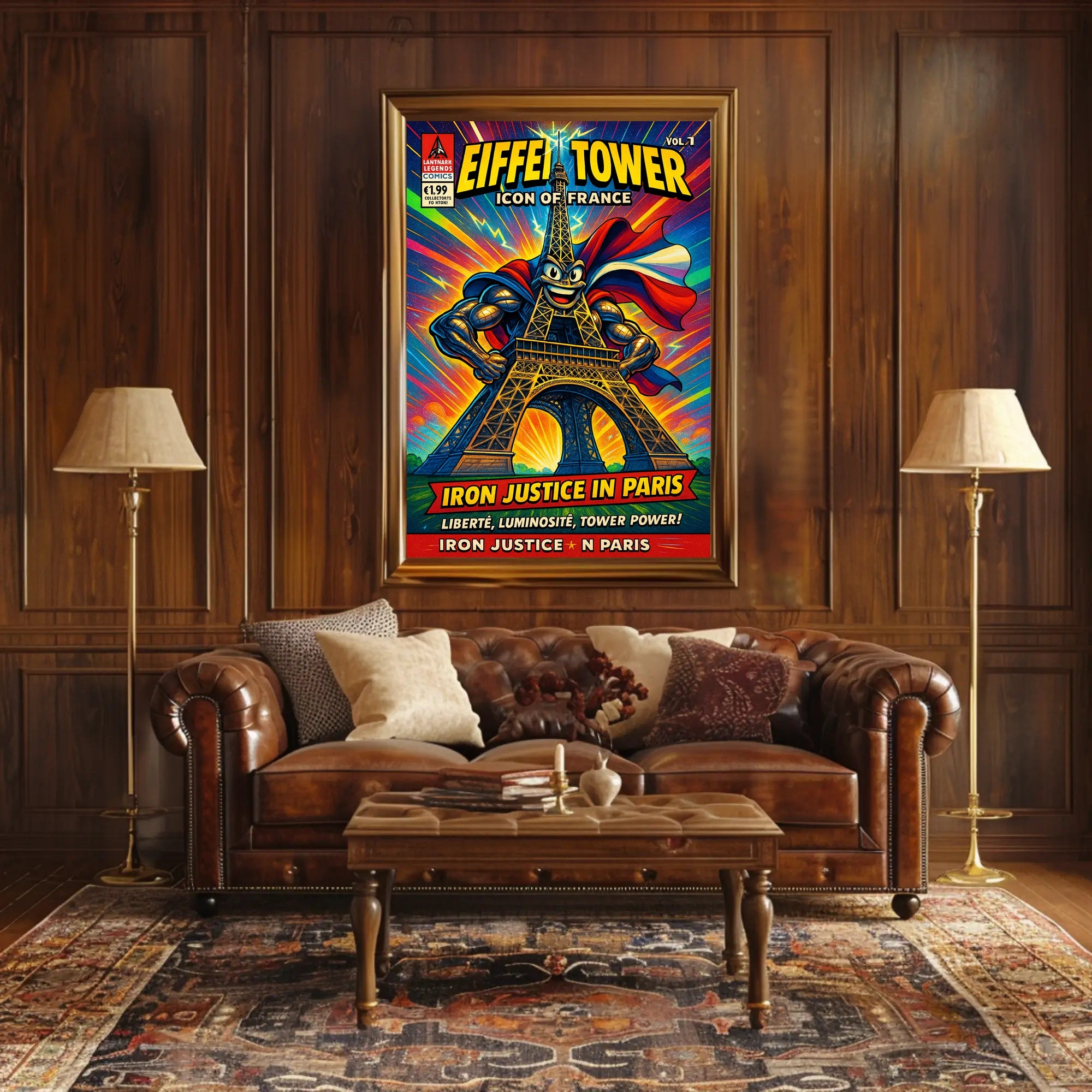 Eiffel Tower Superhero Comic Art Cultural Poster