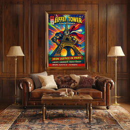 Eiffel Tower Superhero Comic Art Cultural Poster