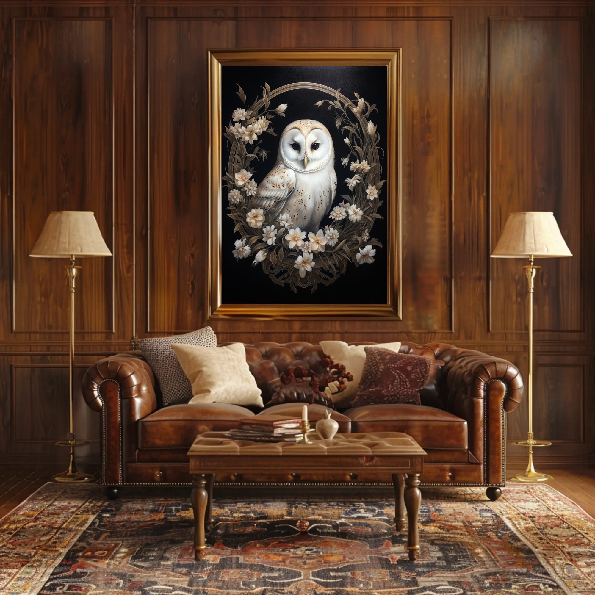 Enchanted Owl In Floral Wreath Poster PosterGoat