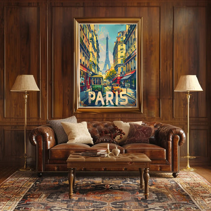 Vintage Parisian Street with Eiffel Tower Travel Poster
