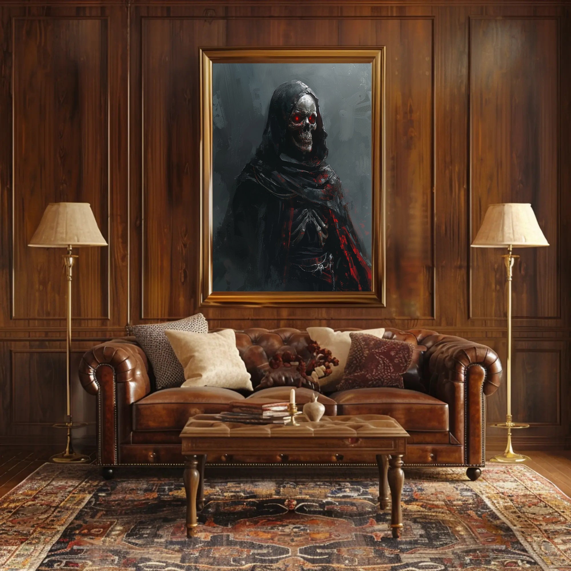 Dark Gothic Skeleton Poster with Red Eyes PosterGoat