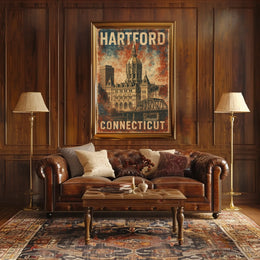Hartford Connecticut Vintage Architectural Travel Art Deco Retro Eighties Historic Capitol Skyline Civic Pride Poster