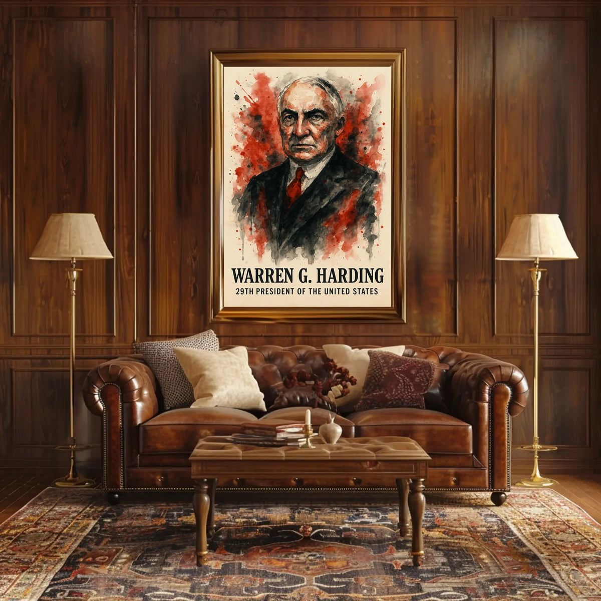 Harding Watercolor Portrait Dramatic Red - Historical or Presidential Poster