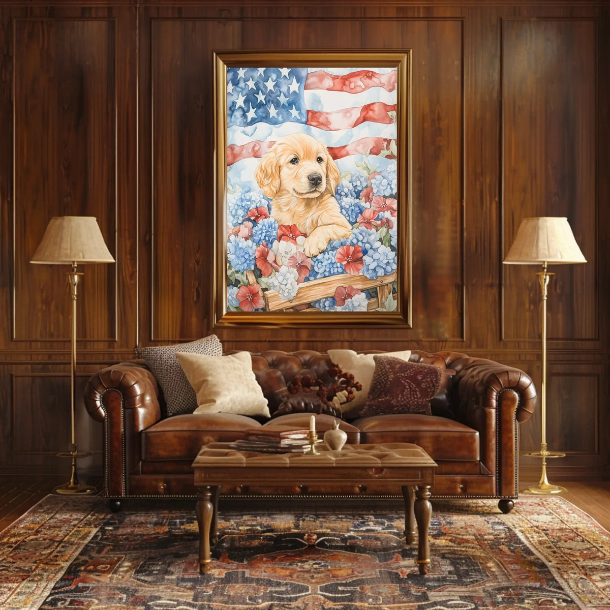Golden Retriever Puppy In Wagon With American Flags Poster