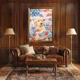 Golden Retriever Puppy In Wagon With American Flags Poster
