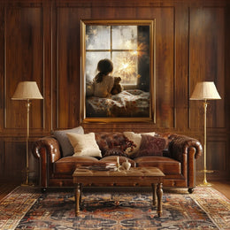 Little Girl Watching Fireworks At Window Scene Poster