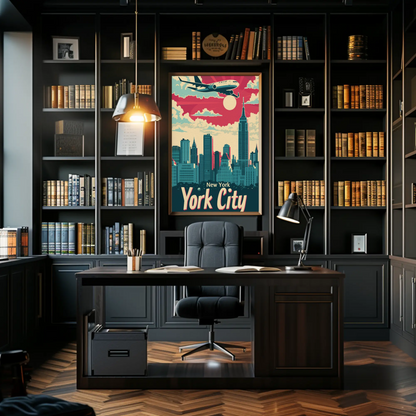 New York City Airplane Skyline Red Sky Travel Poster