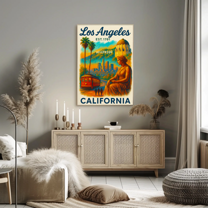 Los Angeles Hollywood Griffith Trolley Sunset Vintage Travel Poster