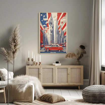 New York Statue Liberty Skyline Vintage Travel Poster
