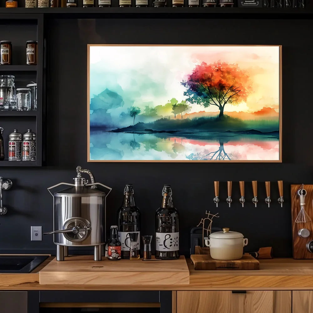 Serene Autumn Reflection Watercolor Landscape Poster
