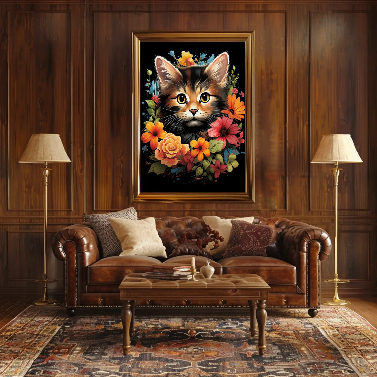 Charming Cat and Flowers Modern Art Poster