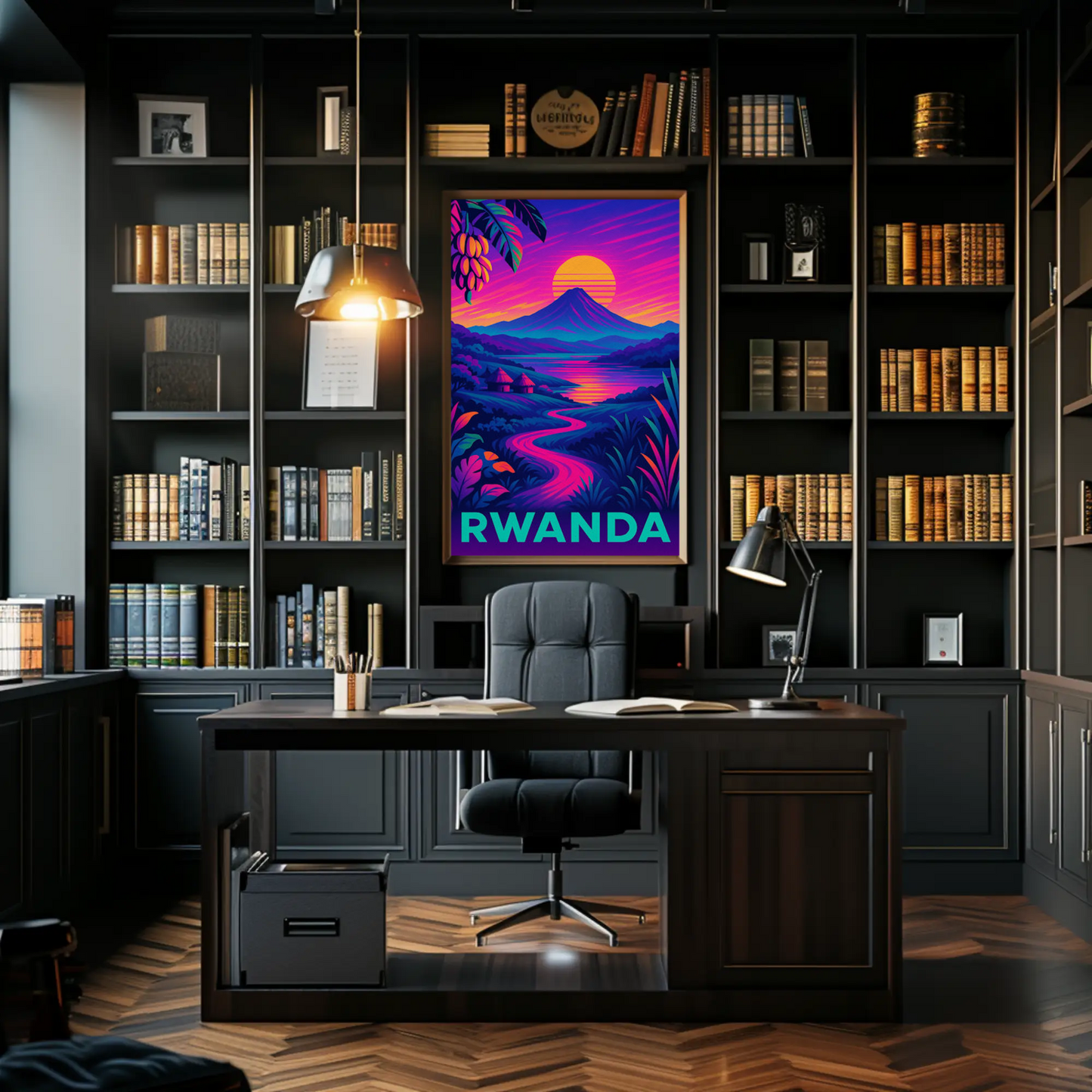 Rwanda Neon Night Valley Sunset Travel Poster