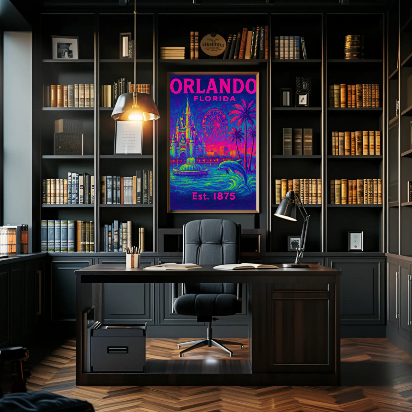 Orlando Florida Castle Ferris Dolphin Neon Travel Poster