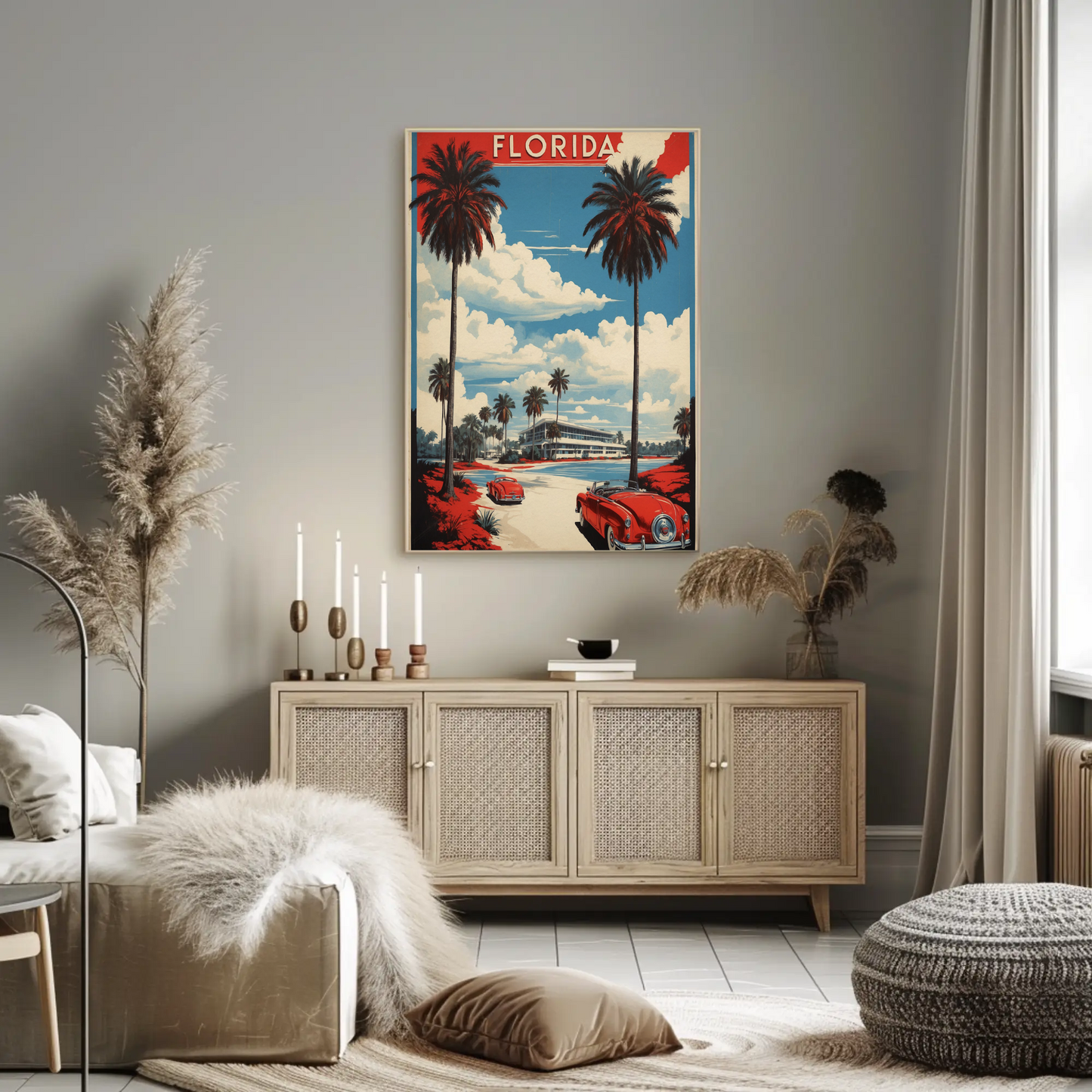 Florida Retro Cars Beach Palms Vintage Travel Poster