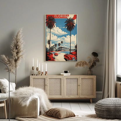 Florida Retro Cars Beach Palms Vintage Travel Poster