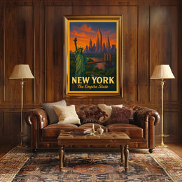 New York City Landmarks At Sunset Poster Vintage Wall Art