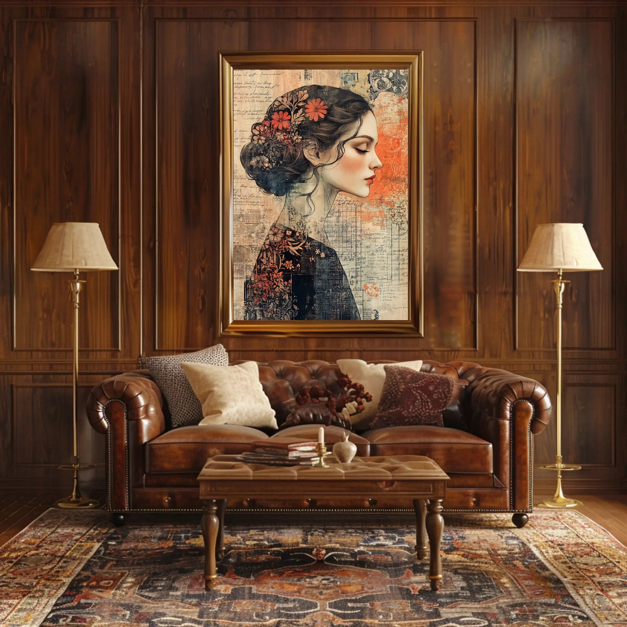 Elegant Woman's Profile with Floral Elements - Artistic Poster