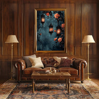 The poster displays a gothic and romantic theme. Three ornately designed lanterns emit Travel Poster