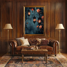 The poster displays a gothic and romantic theme. Three ornately designed lanterns emit Travel Poster