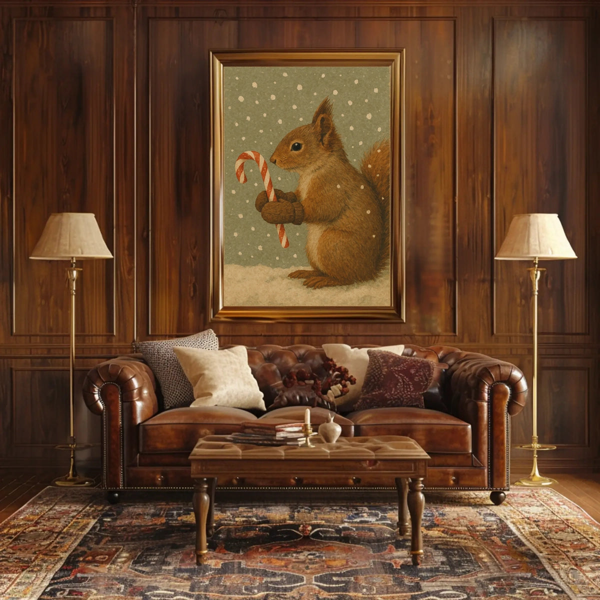 Winter Squirrel with Candy Cane Poster