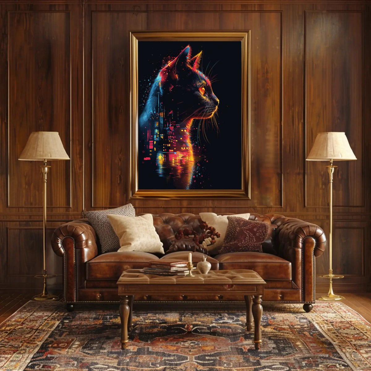 Neon Cat in Futuristic Cityscape Poster