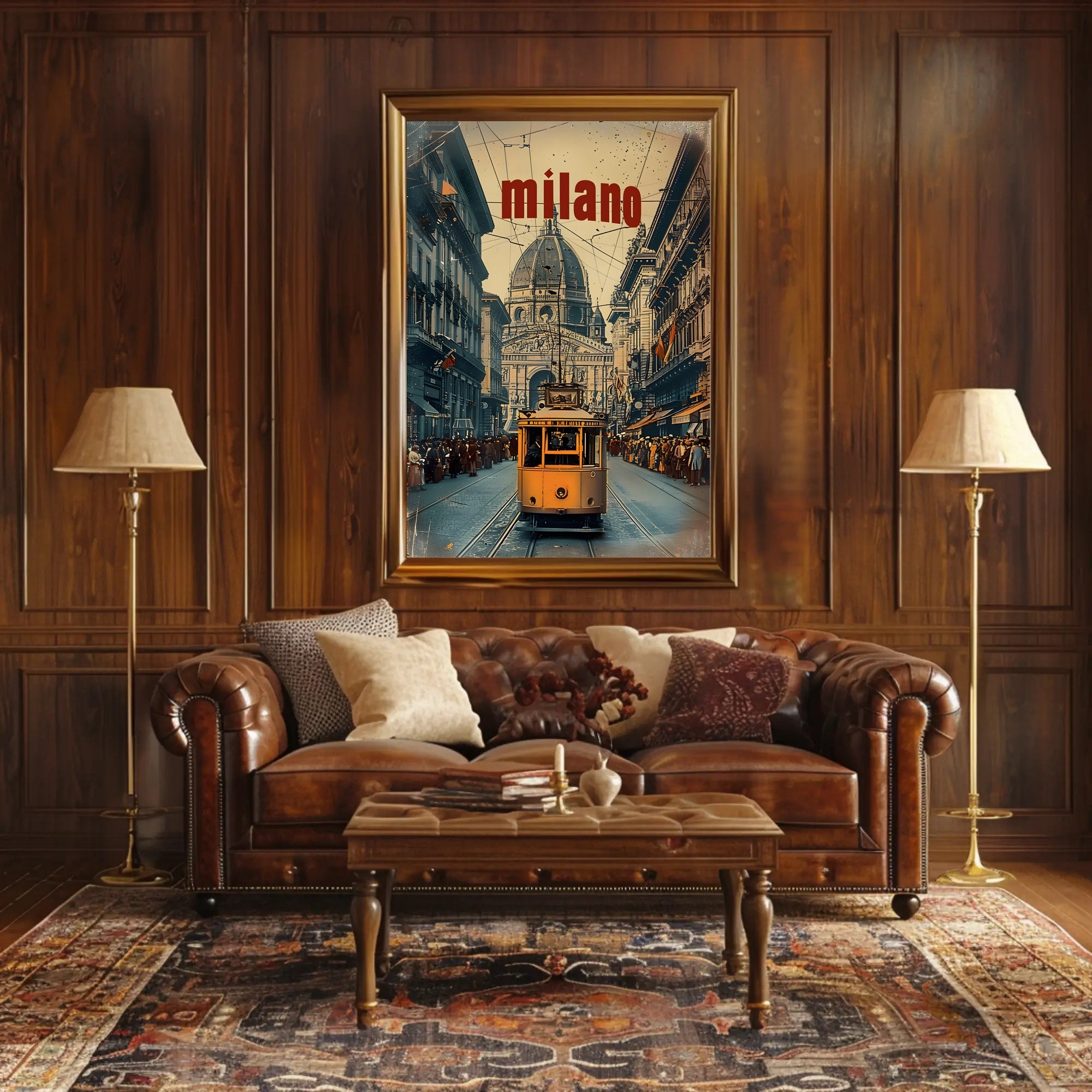Vintage Tram Scene in Historic Milan Urban or Cityscape Poster