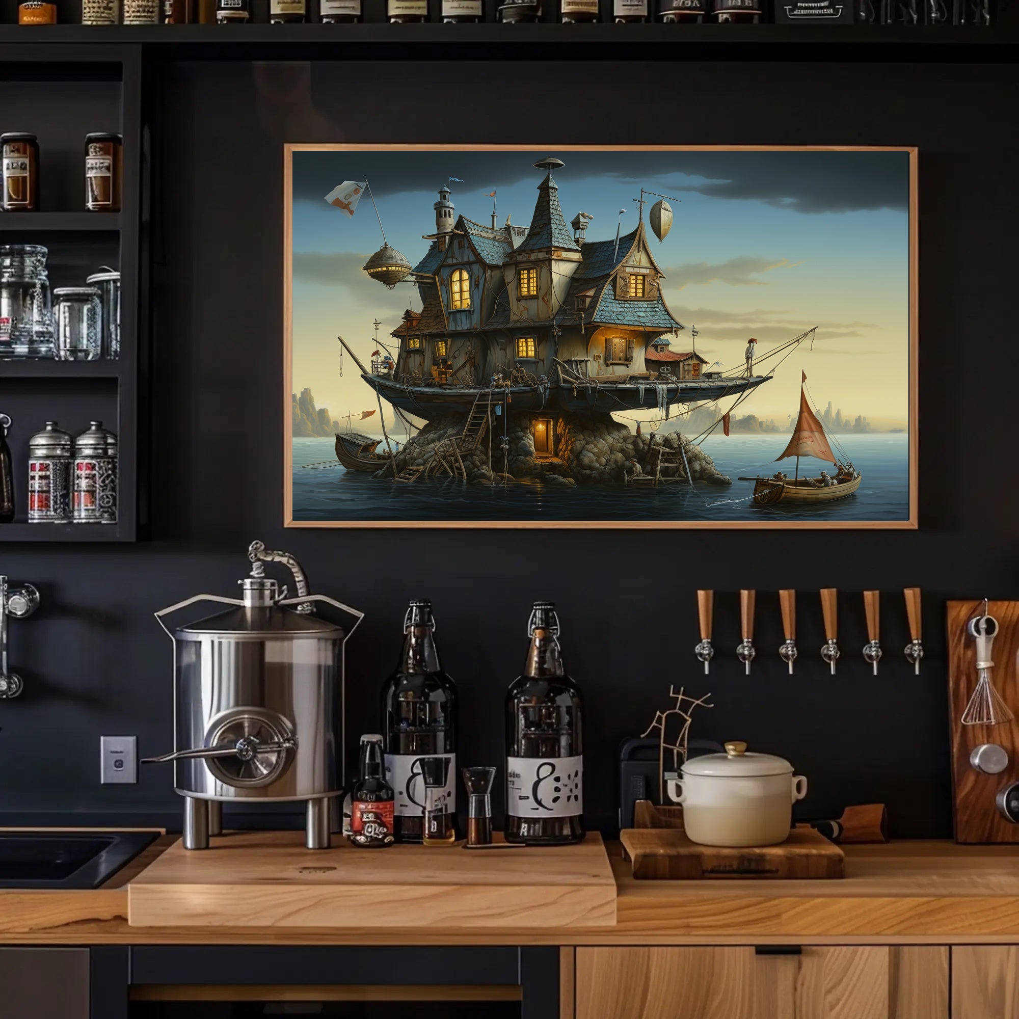 Whimsical Houseboat at Dusk in Fantasy Poster