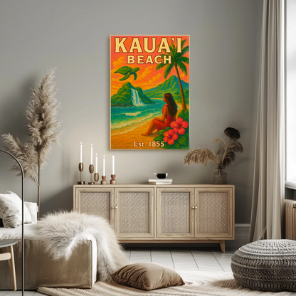 Kauai Beach Hawaii Waterfall Turtle Est 1855 Vintage Travel Poster