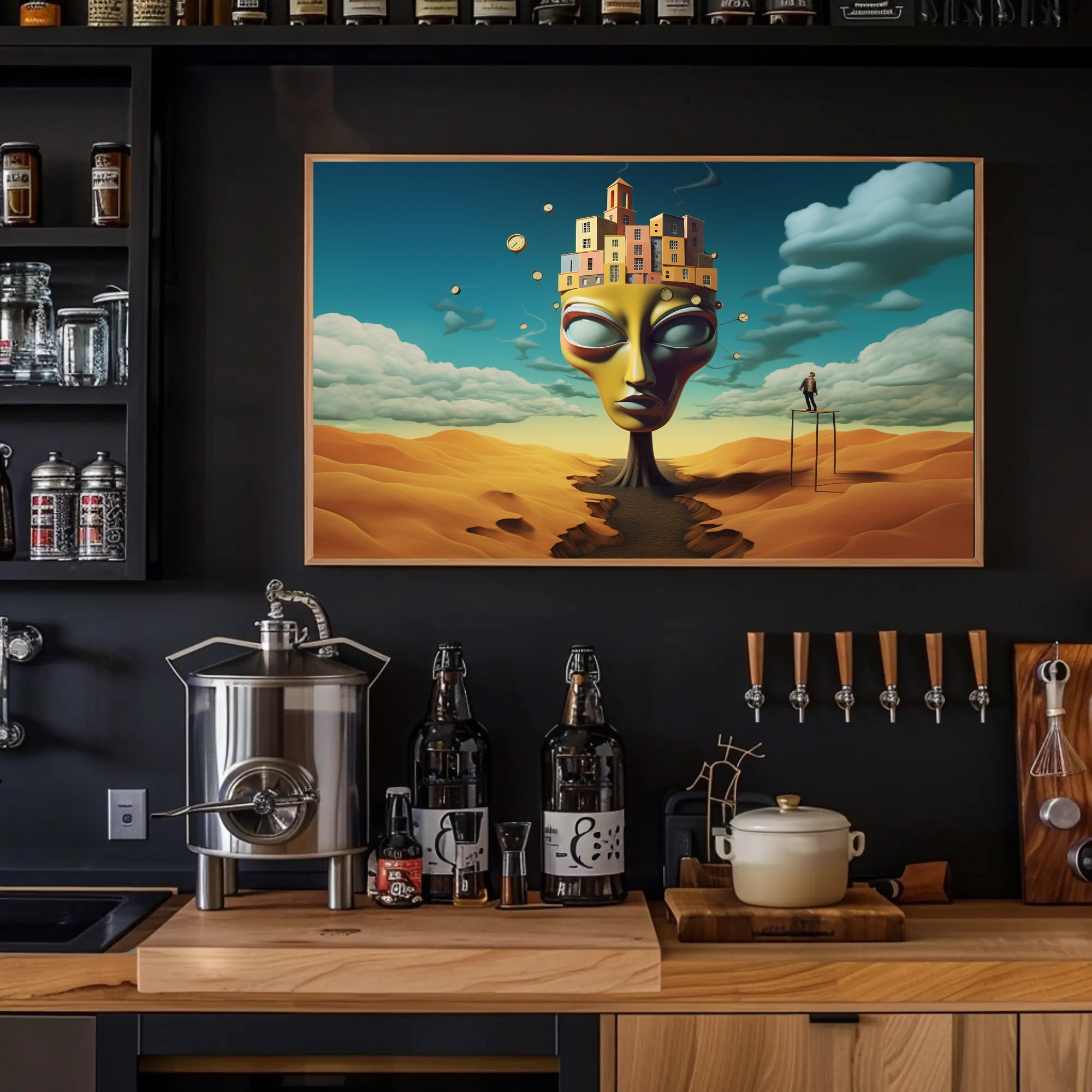 Surreal Desert Landscape with Whimsical Architecture Poster