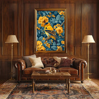 Golden Songbird Wall Art Amidst Blossoms