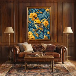 Golden Songbird Wall Art Amidst Blossoms