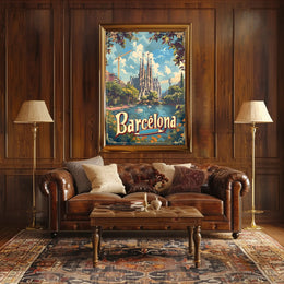 Barcelona Travel Poster with Sagrada Familia and Sunlit Scene
