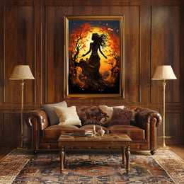 Autumn Dance: Silhouetted Woman in Vibrant Landscape