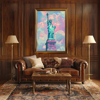 The poster features an artistic depiction of the Statue of Liberty, a symbol Travel Poster