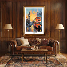 London's Urban Charm: Big Ben & Bus Cityscape Poster PosterGoat