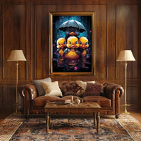 Ducklings in Rainstorm: Whimsical Family Art Poster