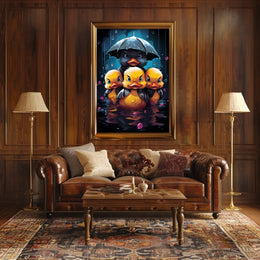 Ducklings in Rainstorm: Whimsical Family Art Poster