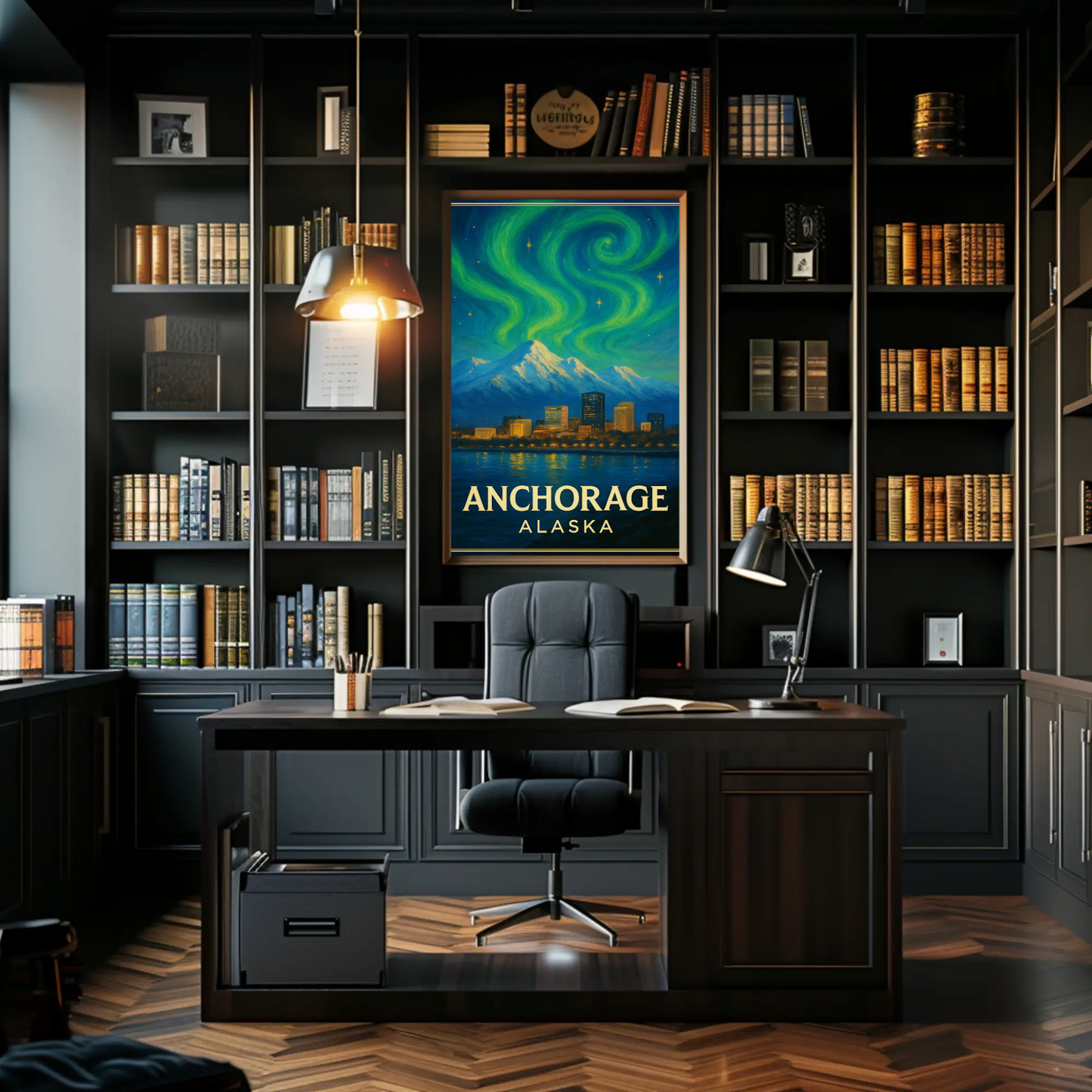 Anchorage Alaska Aurora Mountains Night Vintage Travel Poster