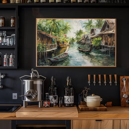 Serene Asian Floating Village Impressionistic Art Poster