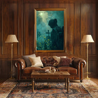 Serene Angel Statue in Misty Graveyard: Artistic Poster PosterGoat