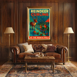 Reindeer Curling at the North Pole Poster