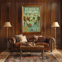 Reindeer Curling at the North Pole Poster