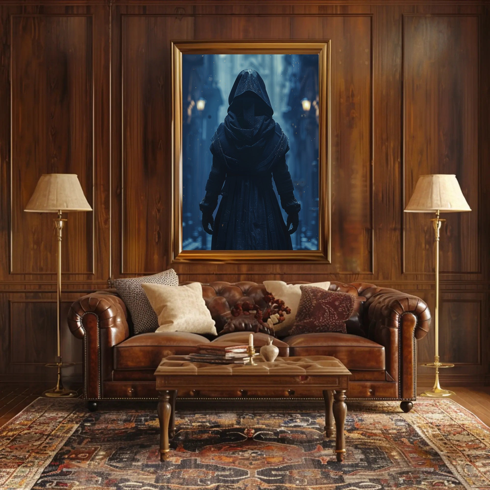 Mysterious Hooded Figure in Fantasy Alleyway Poster PosterGoat